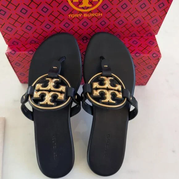 TORY BURCH Metal Miller Leather Sandals Perfect Navy Size 8 - Picture 3 of 15